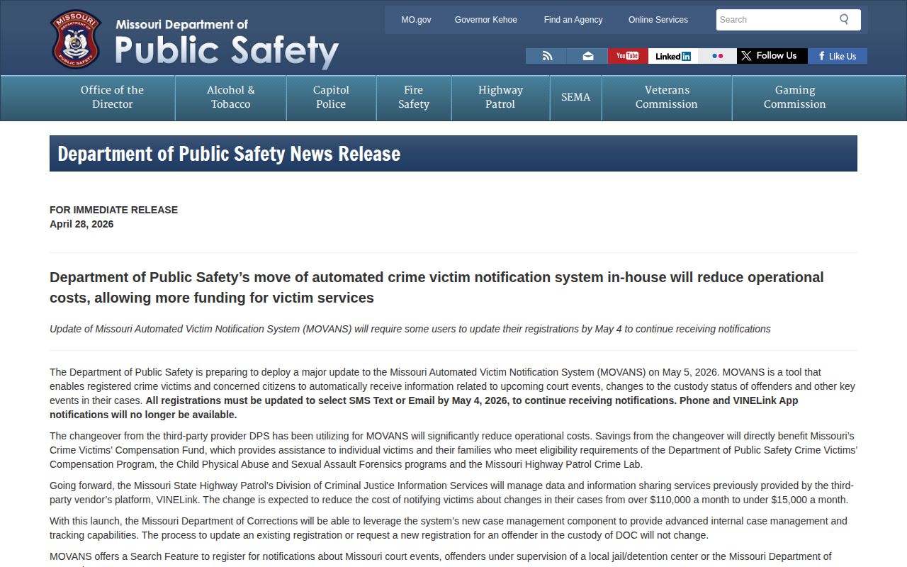 Missouri MOVANS St. Clair County release notification service change